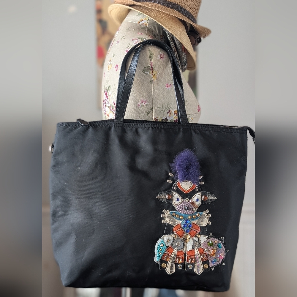 Prada Embellished Robot‎ Black Tote Bag